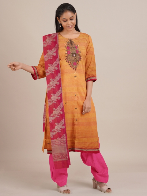 

Pothys Orange & Pink Embroidered Unstitched Dress Material