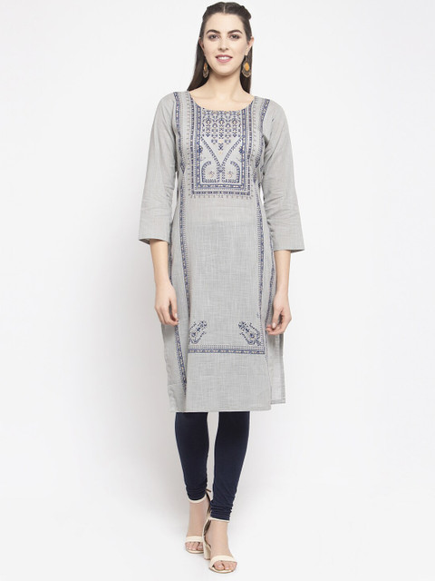 

KHALOM Grey Ethnic Motifs Yoke Design Boat Neck Kurta