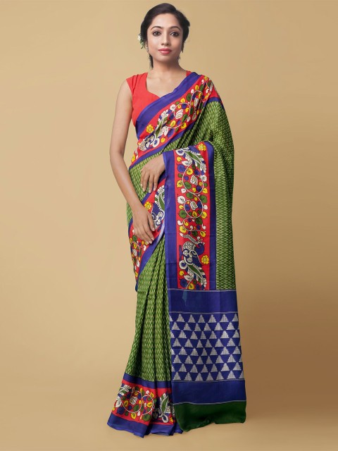 

Unnati Silks Women Green & Blue Ikat Printed Pochampally Soft Silk Saree