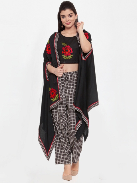 

ANAISA Women Black & Off White Embellished Crop Top with Palazzos & Jacket