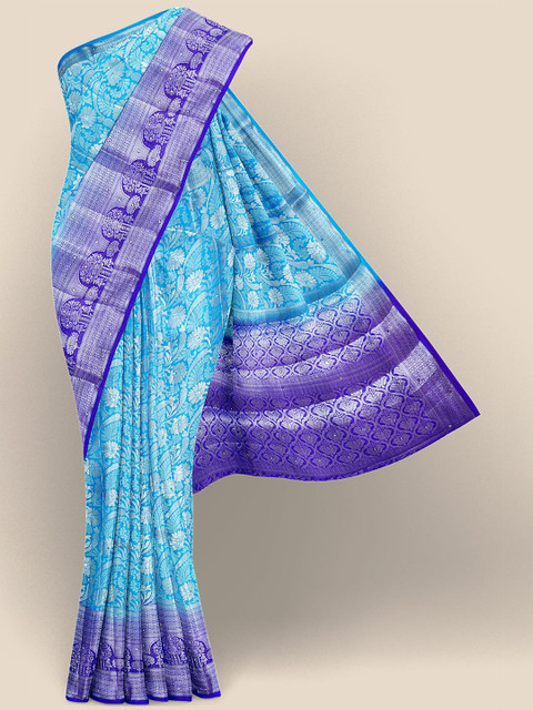 

Kalamandir Blue & Silver-Toned Woven Design Silk Blend Banarasi Saree