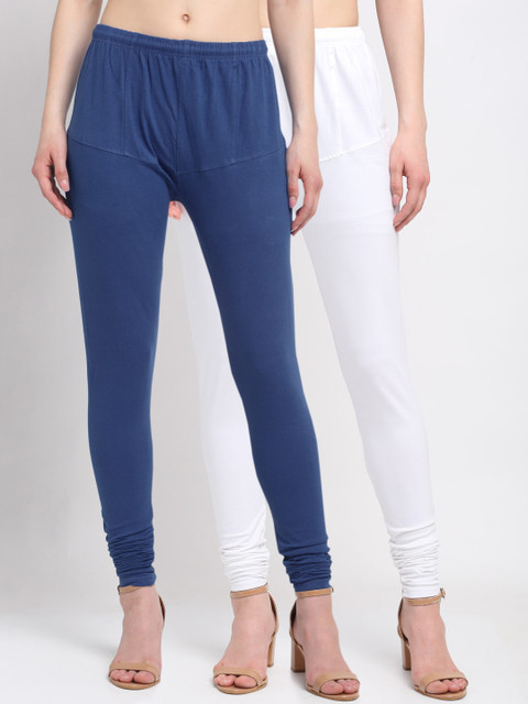 

KLOTTHE Women Pack Of 2 Solid Cotton Churidar-Length Leggings, Blue