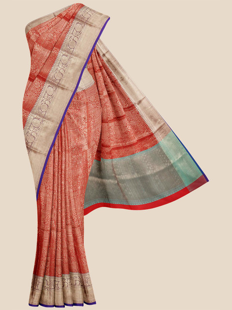 

Kalamandir Red & Blue Ethnic Motifs Zari Silk Blend Banarasi Saree