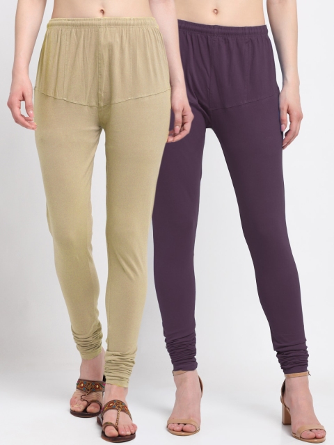 

KLOTTHE Women Pack Of 2 Solid Churidar-Length Cotton Leggings, Purple