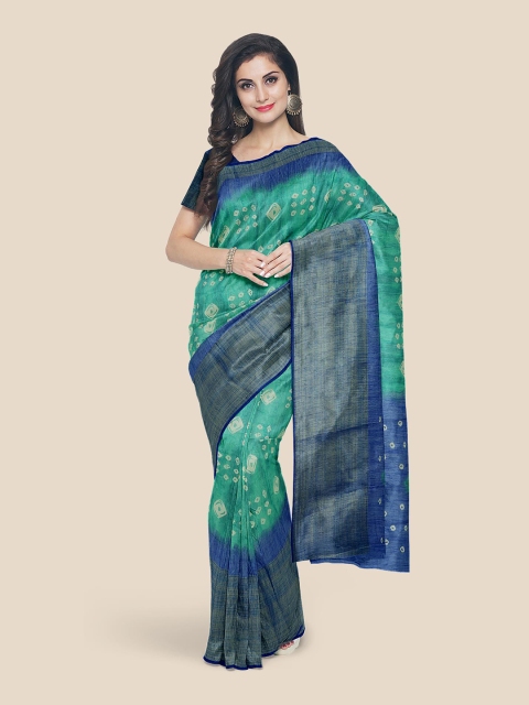 

KLM Fashion Mall Teal Bandhani Linen Blend Saree
