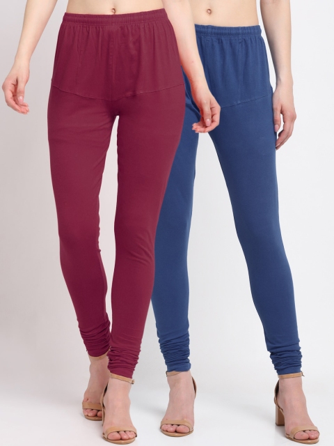 

KLOTTHE Women Pack Of 2 Solid Cotton Churidar-Length Leggings, Blue