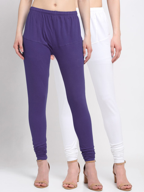 

KLOTTHE Women Pack Of 2 White & Purple Solid Cotton Churidar-Length Leggings