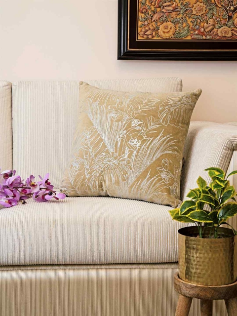 

Amoliconcepts Beige & Silver-Toned Embroidered Velvet Square Cushion Covers