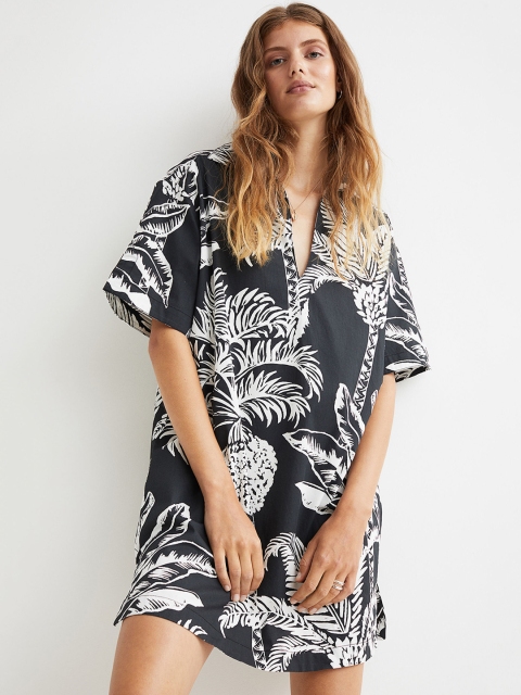 

H&M Women Black & White Printed Cotton Twill Dress