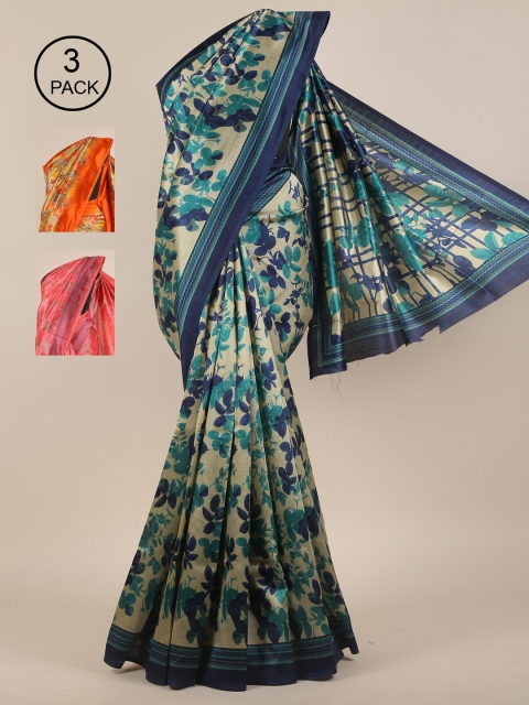 

Pothys Pack of 3 Ethnic Motifs Jute Silk Sarees, Cream