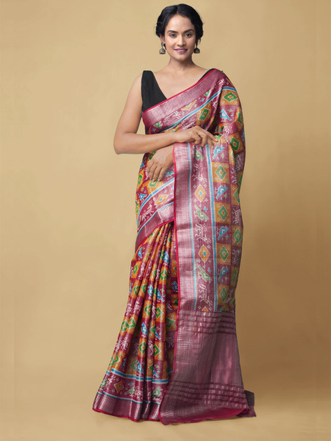 

Unnati Silks Maroon & Green Ethnic Motifs Zari Pure Linen Patola Handloom Saree