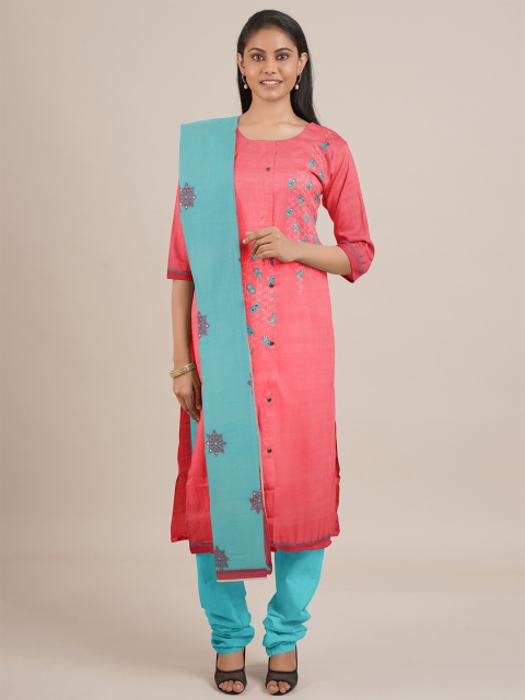 

Pothys Pink & Blue Printed Unstitched Dress Material