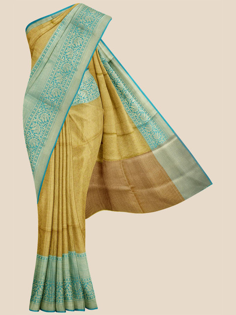 

Kalamandir Khaki & Blue Ethnic Motifs Zari Silk Blend Banarasi Saree