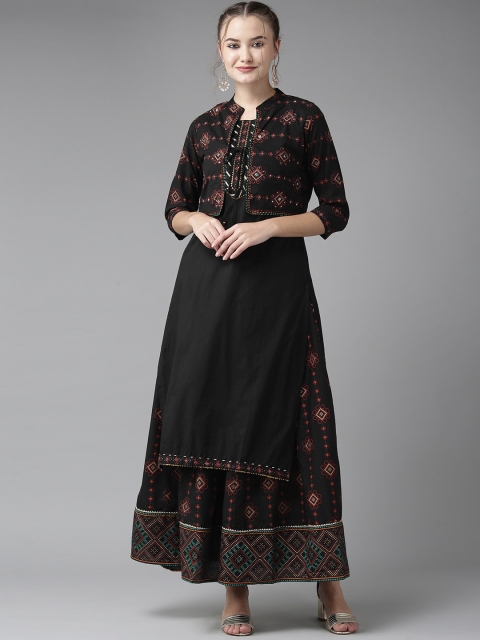

Ishin Women Black Floral Embroidered Pure Cotton Kurta with Skirt