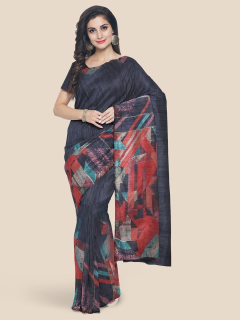 

Kalamandir Navy Blue & Red Woven Design Linen Blend Banarasi Saree