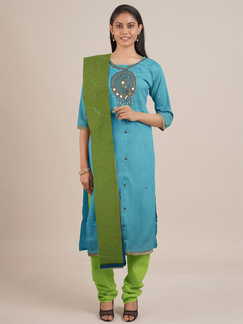

Pothys Blue & Green Embroidered Unstitched Dress Material