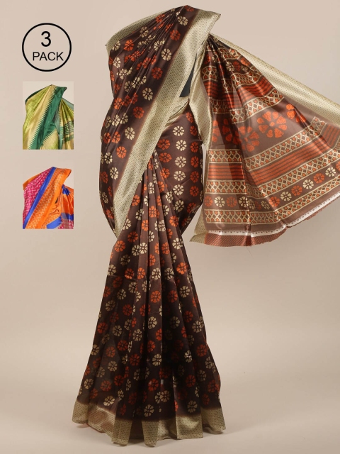 

Pothys Pack of 3 Ethnic Motifs Jute Silk Sarees, Brown