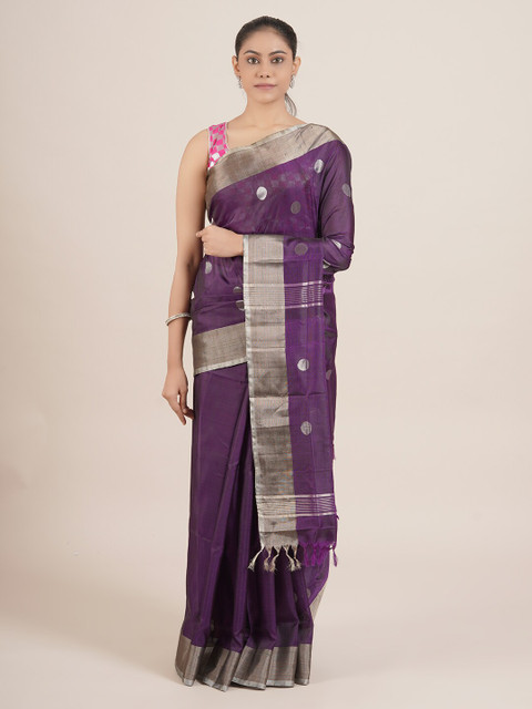 

Pothys Purple & Silver-Toned Woven Design Pure Silk Uppada Saree