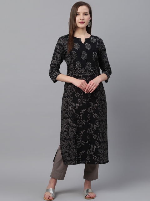 

Ishin Women Black Ethnic Motifs Printed Sequinned Pure Cotton Kurta with Trousers