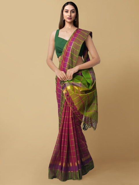 

Unnati Silks Maroon & Green Checked Zari Pure Cotton Mangalagiri Saree