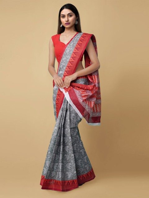 

Unnati Silks Women Grey & Red Pure Krisha Summer Cotton Sustainable Saree