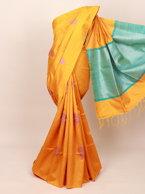 

Pothys Mustard Yellow & Pink Floral Jute Silk Saree