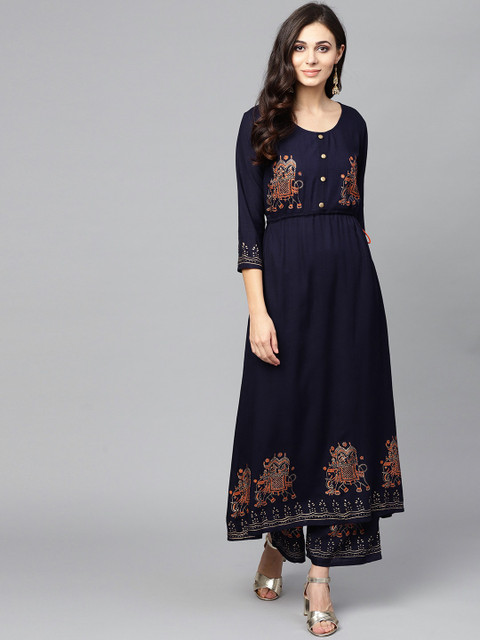 

Ishin Women Navy Blue Floral Printed Pleated Kurta with Palazzos