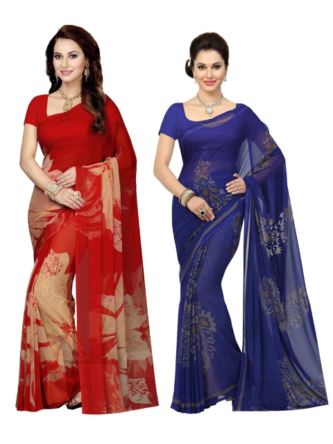 KALINI Pack of 2 Red & Blue Floral Printed Poly Georgette Saree
