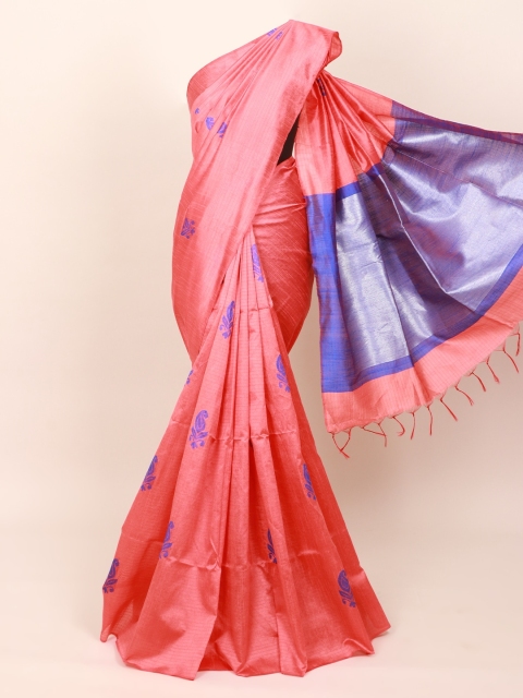 

Pothys Peach-Coloured & Blue Ethnic Motifs Embroidered Jute Silk Saree