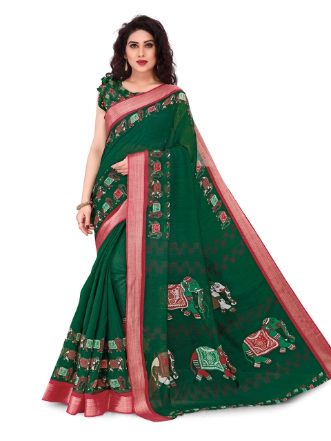 

KALINI Green & Red Ethnic Motifs Zari Baluchari Saree