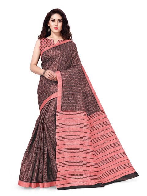 

KALINI Peach-Coloured & Black Ethnic Motifs Art Silk Saree
