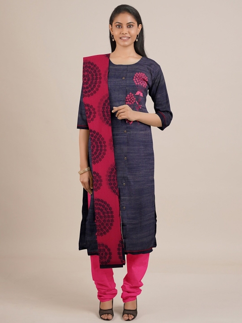 

Pothys Navy Blue & Pink Embroidered Unstitched Dress Material