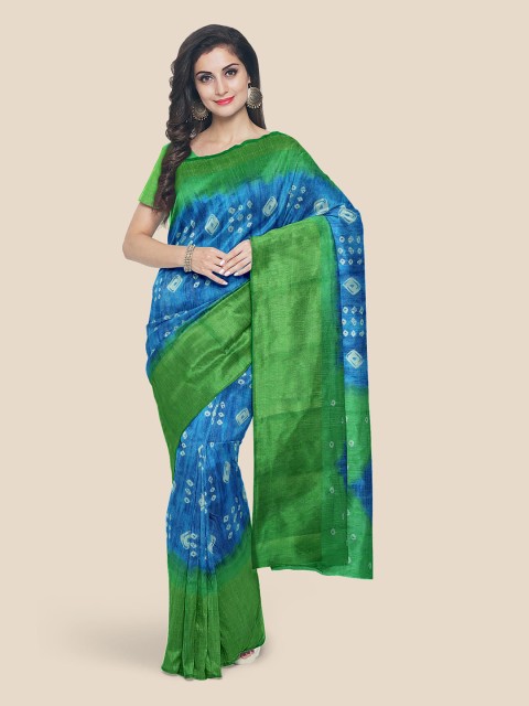 

KLM Fashion Mall Blue & Green Bandhani Linen Blend Saree