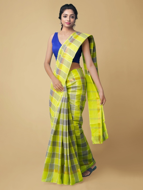 

Unnati Silks Lime Green & Grey Checked Zari Pure Cotton Mangalagiri Handloom Saree