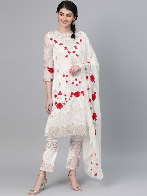 

Ishin Women White Floral Embroidered Layered Thread Work Kurta with Trousers