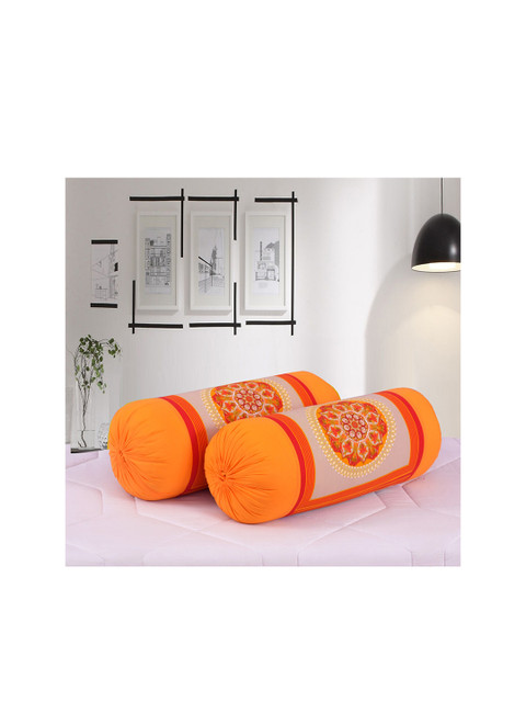 

Salona Bichona Set Of 2 Orange & Grey Printed 120 TC Pure Cotton Bolster Covers