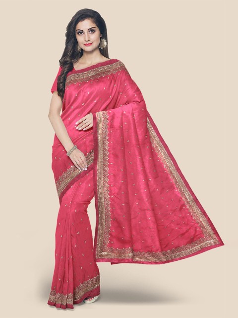 

Kalamandir Pink & Gold-Toned Embellished Beads and Stones Silk Blend Saree