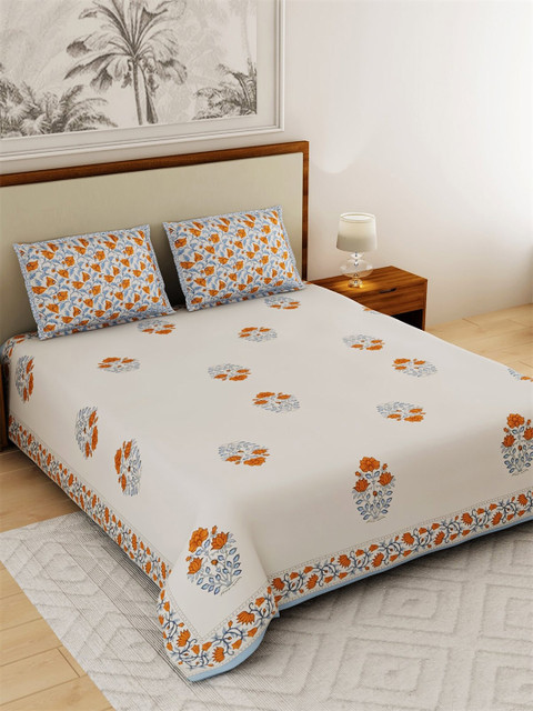 

Salona Bichona Cream-Coloured & Orange Floral 144 TC Queen Bedsheet with 2 Pillow Covers
