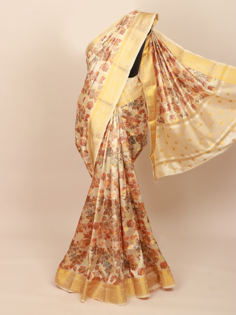

Pothys Cream-Coloured & Gold-Toned Floral Zari Art Silk Saree