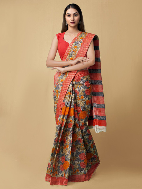 

Unnati Silks Red & Grey Floral Pure Cotton Kasavu Saree