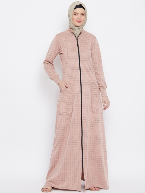 

MOMIN LIBAS Women Pink & Black Checked Front Open Abaya Burqa