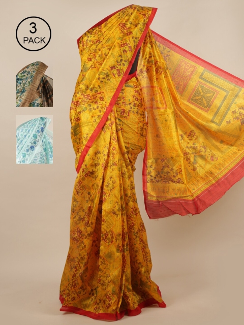 

Pothys Pack of 3 Yellow & Cream-Coloured Floral Jute Silk Saree