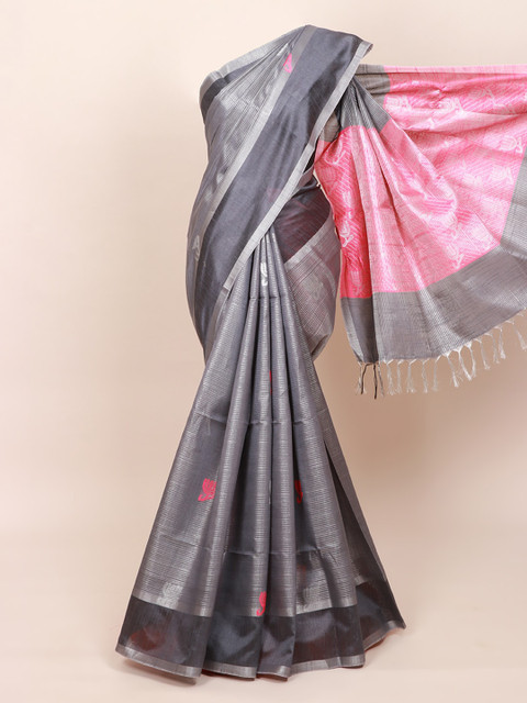 

Pothys Grey & Pink Striped Jute Silk Saree