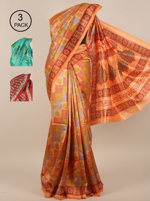 

Pothys Peach-Coloured & Green Pack of 3 Ethnic Motifs Jute Silk Saree