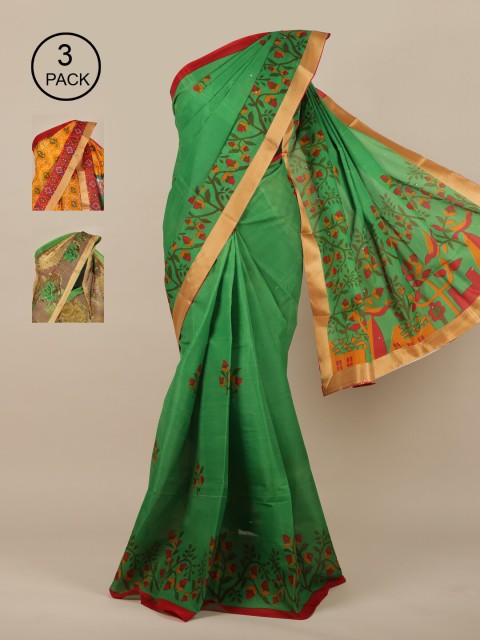 

Pothys Pack Of 3 Jute Silk Sarees, Green