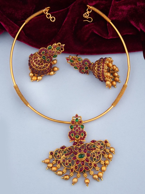 

Alankruthi Gold-Plated Pink & Green Stone-Studded & Beaded Temple Jewellery Set