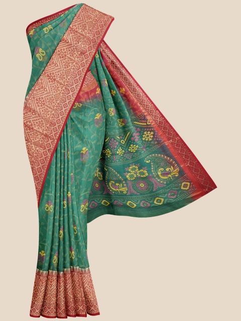 

KLM Fashion Mall Green & Red Chanderi Saree