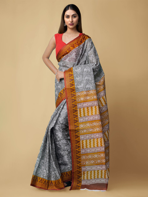 

Unnati Silks Grey & Yellow Ethnic Motifs Pure Cotton Kovai Saree