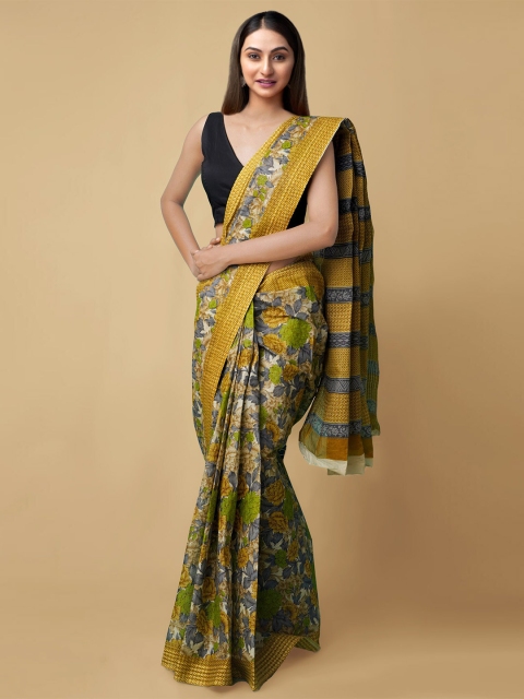 

Unnati Silks Yellow & Green Floral Pure Cotton Kasavu Handloom Saree