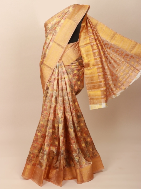 

Pothys Cream-Coloured & Gold-Toned Floral Zari Art Silk Saree